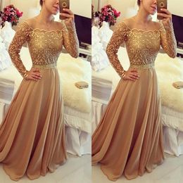 2019 New Design Evening Gowns Golden Off Shoulder Long Sleeve Chiffon A Line PArty Prom Dresses Custom Made 273K