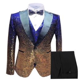 Setwell Erkek Üç Parçası Eritilen Parlak Pullu Sequin Resmi Takım Notch Lapel Blazer Damat Giyim Balo Elbisesi Smokin Düğün Suit264v