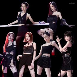 Women's Tracksuits Kpop Girl Group Jazz Dance Black Sleeveless Sling Vest Off-Shoulder Crop Tops Women Slim High Waist Shorts Concert Two