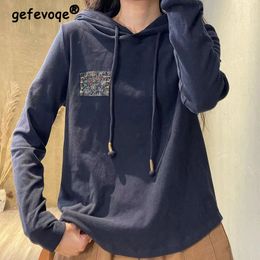 Women's Hoodies Sweatshirts Vintage Floral Print Patch Long Sleeve Hooded Sweatshirt Spring Autumn Casual Loose Comfortable Pullover Clothing 230804