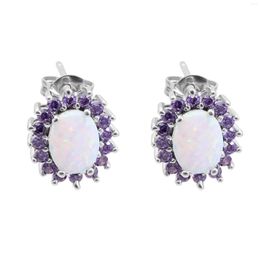 Stud Earrings Hainon Luxury White Fire Opal For Women Purple Zirconia CZ Oval Silver Colour Wedding Jewellery