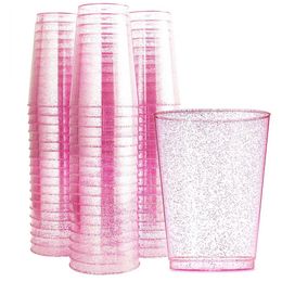 Disposable Dinnerware 12 oz Cup Transparent Golden Pink Glitter Plastic Retro Glass Wedding Banquet Birthday Party Tableware Supplies 230804