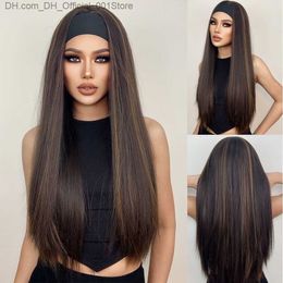 Synthetic Wigs Henry Margu Women's Headband Wig Synthetic Long Hair Straight Brown Glossy Adhesive Free Wig Suitable for Black Women's Machine Made Z230805