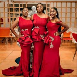 Plus Size red African Mermaid Bridesmaid Dresses Western Weddings Elegant One Shoulder Long Maid of Honour Gowns Formal Wear324W