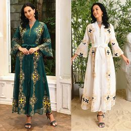 Ethnic Clothing Women's Dresses Abayas Muslim Sets Islam National Style Net Yarn Long Sleeve V-neck Embroidery Belt LOOSE