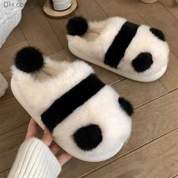 Slippers Kaii Panda fluffy fur slider Women's warm slider Winter plush cute cartoon thick platform slider Soft fur home shoes Z230805