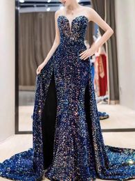 Sparkling Evening Dress Navy/Burgundy Long Prom Gowns Shining Sequins Sweep Train Long Formal Dresses Elegant
