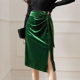 Skirts Golden Velvet Skirt For Women's Autumn Dress High Waist Split A-line Buttock Green Middle One-step Korean Style