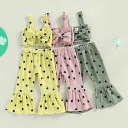 Clothing Sets Kids Girls Summer Clothes Set Baby Four-Leaf Clover Print Vest Elastic Waist Flare Children Casual Outfits