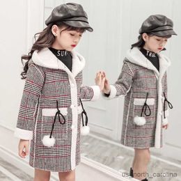 Jackets Fall/Winter 2023 girls Woollen jacket fashion stitching plaid design girl's long coat girl kids coat 4-12 years old R230810