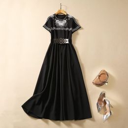 2023 Summer Black Contrast Colour Butterfly Embroidery Dress Short Sleeve Round Neck Belted Midi Casual Dresses A3Q191340 Plus Size XXL