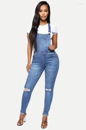 Women's Jeans Vintage Women Hole Breaks Pocket Overalls High Waist Slim Womenswear All-match Leisure Straight Long Denim Trousers