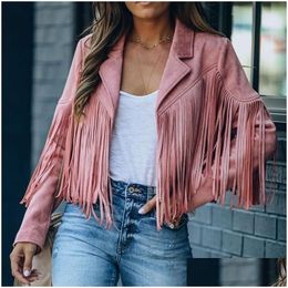 Women'S Jackets Faux Suede Jacket Womens Motorcycle Lapel Handsome Fall 2021 Ladies Solid Fringed Short Coat Women Drop Delivery Appar Dhbdj