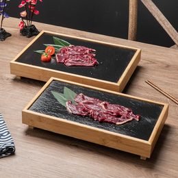 Black Dinner Plate Sets Natural Slate Stone Steak Cheese Serving Board with Bamboo