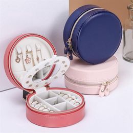 Portable Round Jewelry Box Travel Zipper PU Leather Jewelry Display Box Storage Bag Gift Earring Storage Suitcase for Home221c