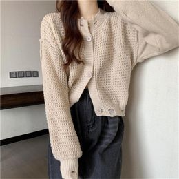 Women's Knits Autumn Winter Cropped Cardigan Hole Knitted Women Solid Colour Korean Short Loose Sweater Lantern Sleeve Top