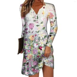 Casual Dresses Clothes For Women Slim Fit Floral Flower Printed Long Sleeve Short V Neck Comfortable Ladies Women'S Vestidos