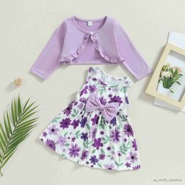 Jackets Infant Baby Girl 2-piece Outfit Sleeveless Crew Neck Bow Flower Print Tank Dress with Jacket Fall Outfit 3-24M R230805