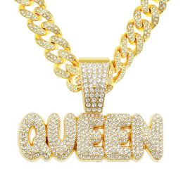 Hip Hop Men Rapper diamond pendant necklace shiny creative QUEEN letter pendant micro-inset zircon Jewellery night club accessory Sweater Collarbone Cuban chain 1653