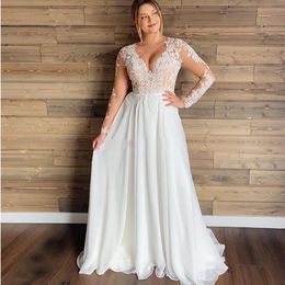 Plus Size Illusion Long Sleeve Chiffon Wedding Dress Seey Through Floor Length Wedding Bridal Gowns Sexy Back Button Bride