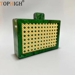 Evening Bags TOPHIGH Woven Rattan Acrylic Box Bag Luxury Women 2023 Design Boutique Green Square Clutch Purse And Bolso Handbags 230804