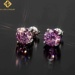 Ready to Ship Hip Hop Screw Back Earring Sterling Silver 925 White Gold Plated Pink Moissanite Diamond Earring