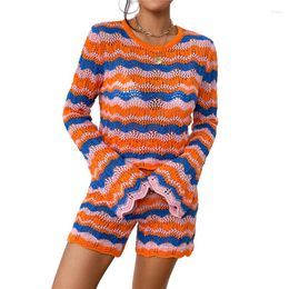 Women's Tracksuits Beach Outfits For Women Summer Stripe Patchwork Hollow Out Long Sleeve Knitted Crop Top And High Waist Shorts Two Piece
