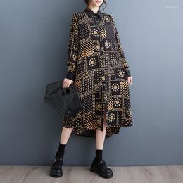 Casual Dresses 2023 Japanese Style Patchwork Print Single Breasted Loose Autumn Blouse Dress Street Fashion Women Spring Shirts