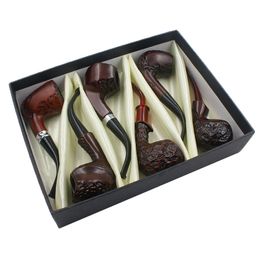 Wood Colour Resin Smoking Pipes Philtre Bent Tobacco Pipe Holder Six in One Gift Box Wholesale