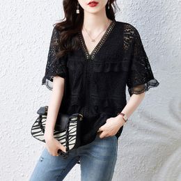 Women's Blouses 2023 Summer Middle-aged Fashionable Elegant Female Tops Loose Pure Color Black Chiffon V-neck Women Short Sleeve Shirt T290