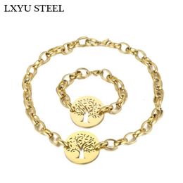 Wedding Jewellery Sets 316L Stainless Steel Chains Necklace Bracelet Set Tree of Life Pendant For Women Jewellery Christmas Gift 230804