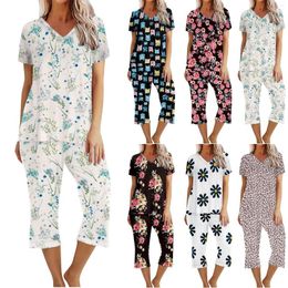 Women's Sleepwear Pattern Print Pajama Set Short Sleeve Shirt And Pants Sets With Knit Pajamas Plaid Women