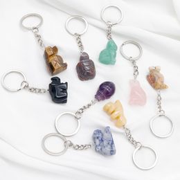 Natural Stone 1 Inch Carving Animal Key Rings Dog Cat Dinosaur Tortoise Healing Crystal Car Bag Decor Keychain Keyholder Fengshui