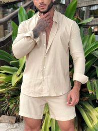 Mens Tracksuits Summer Casual Hawaiian Beach Sets 2PCS Solid Long Sleeve Shirt and Board Shorts Streetwear Cotton Linen Men 230804
