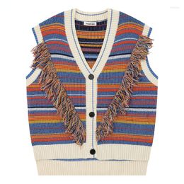 Men's Sweaters Autumn Men Sleeveless Knitted Cardigan Hip Hop Tassel Striped Jumper 2023 Streetwear Harajuku Fashion Casual Knit Vests