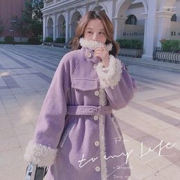 Women's Down Ins Western-style Taro Purple Stand Collar Single-row Buckle Waist Strap Roll Lambswool Clip Cotton Coat Female