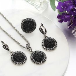 Necklace Earrings Set Vintage Bride Crystal For Woman Girls Black Round Stone Pendant Huggie Rings Party Wedding Gifts