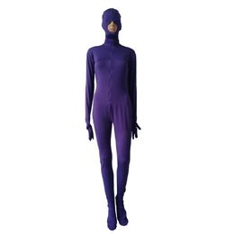 Women's Catsuit Halloween cosplay costumes purple color Spandex jumpsuits front Zipper can removable Hood