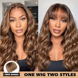 30 Inch Highlight Ombre 13x6 Body Wave Frontat Wig with Bangs 220% Coloured Brazilian 13x4 HD Lace Front Human Hair Wig for Women