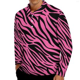 Polos Masculinos Rosa Zebra Print Camisas Pólos Daily Black Stripes Camisa Casual Manga Longa Gola Estilo de Rua Padrão Camisetas Grandes