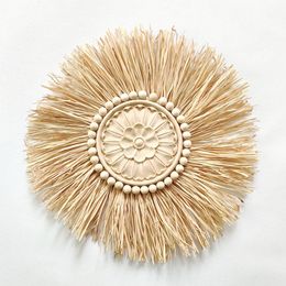 Decorative Objects Figurines INS Boho Handmade Woven Straw Wall Decor Moroccan Wood Beads Wall Hanging Ornament Round Nordic Home Decoration for Living Room 230804