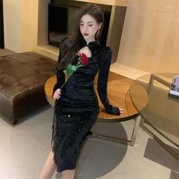 Ethnic Clothing French Vintage Black Lace Dress Women Autumn Winter Long Sleeve Slim Evening Party Sequins Velvet Elegant Cheongsam