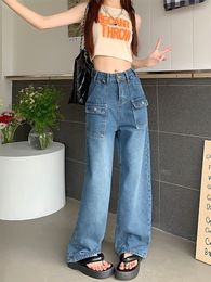 Men s Jeans Pocket High Waist Cargo Women American Retro Straight Wide Leg Pants Fashion Hip hop Girl Y2k Trousers Streetwear 230804