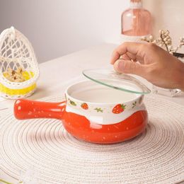 Bowls Strawberry Noodle Bowl Girl Heart Ceramic Cap With Handle Large Capacity Cute Tableware Set