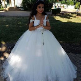 New Cheap Puffy Flower Girl Dresses For Weddings Lace Applique Beads Sleeveless Tulle Girls Pageant Dress Kids Baby Children Commu244I