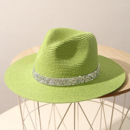 Wide Brim Hats Hat Men's Summer Panama Straw Women's Bright Diamond Top English Grass Green Beach Shade Sun Protection Tide