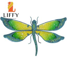 Decorative Objects Figurines Home Decor Metal Cyan Dragonfly with Glass Wall Artwork for Garden Sculpture Statue of Living Room Bedroom Office 230804