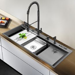 11850NT Black Nano Large Kitchen Sink Set with Multi-Functional Pullout Faucet SUS304 Stainless Steel Sink with Cup Rinser