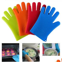 Oven Mitts Sile Heat-Resistant Gloves Non-Slip Kitchen For Cooking Baking Bbq Grilling Thickening Drop Delivery Home Garden Dining Bar Dhtfn