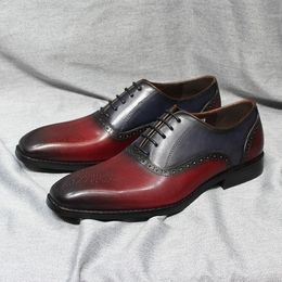 Luxury Men's Oxford Shoes Genuine Leather Mixed Colours Male Lace-Up Plain Toe Office Wedding Party Formal Dress Oxfords for Men